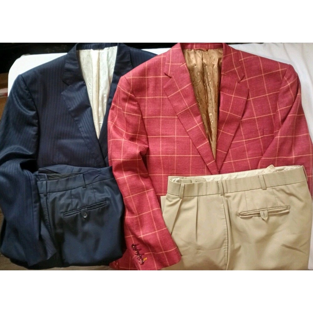 Lot of 2 Bespoke Adrian Jules Men's Suits Red Plaid Sport Coat Navy Pinstripe 42